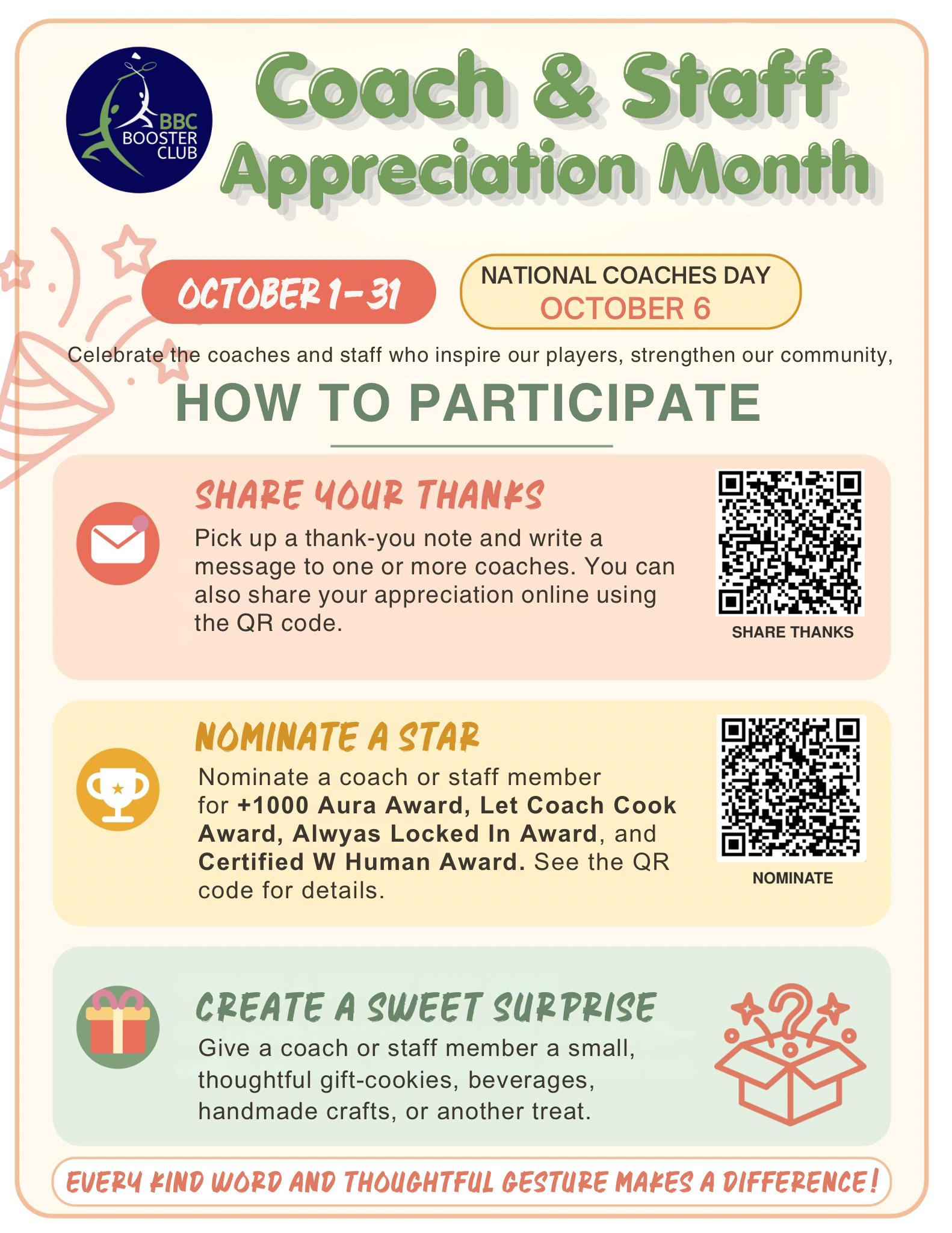 Coach & Staff Appreciation Month poster - October 1-31