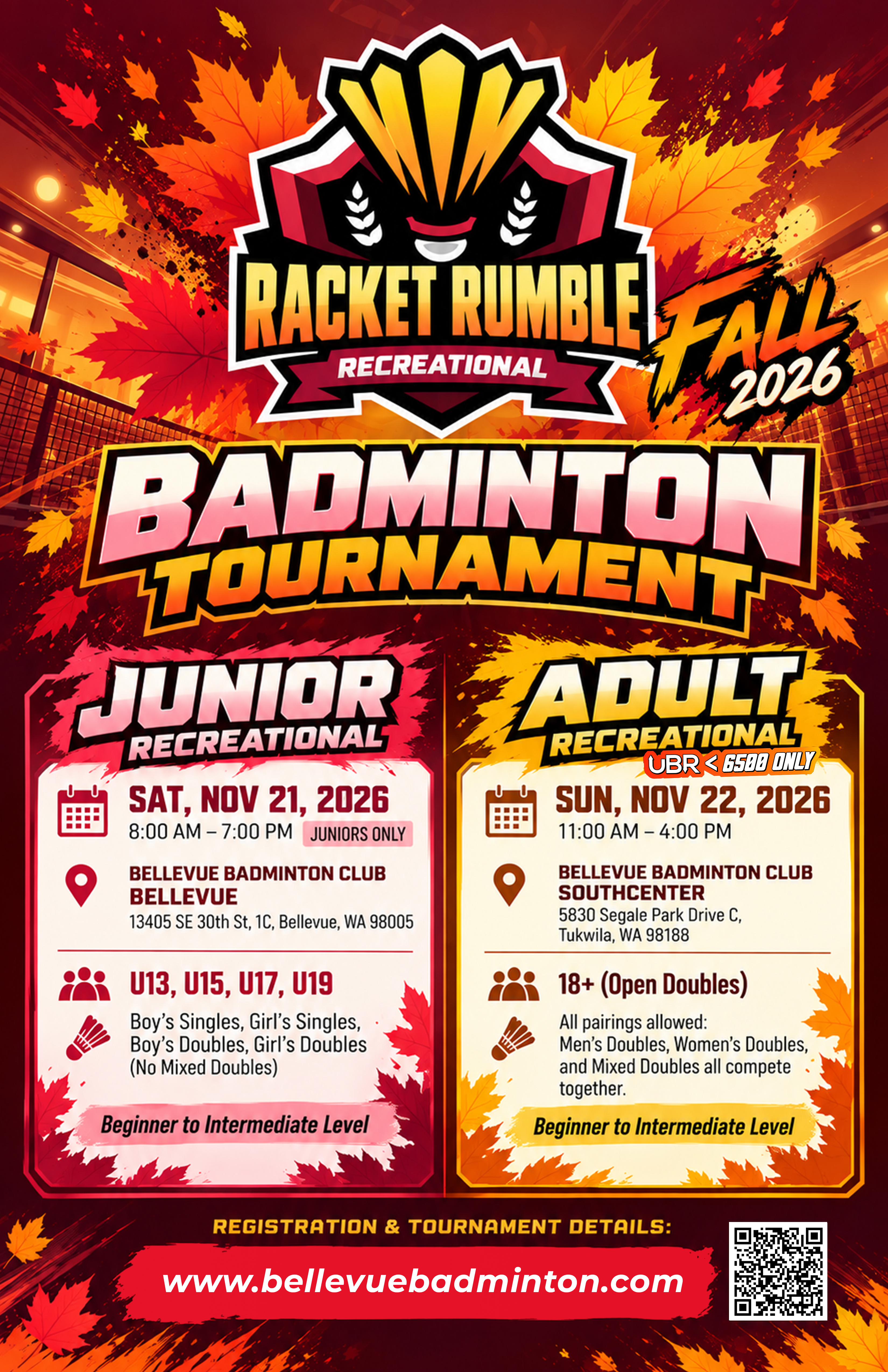 Racket Rumble Recreational Fall 2026 Badminton Tournament poster: Junior Recreational Sat Nov 21 in Bellevue, Adult Recreational Sun Nov 22 in Southcenter